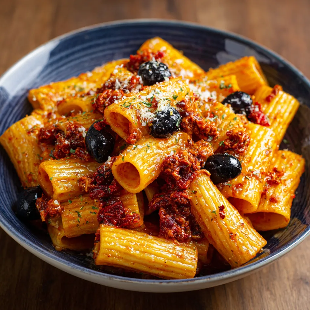 Una ciotola di pasta con olive e peperoni.