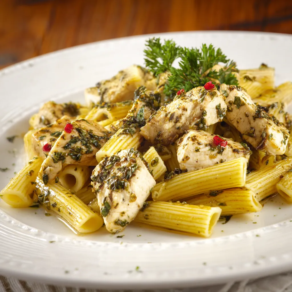 Pasta con pollo e erbe.