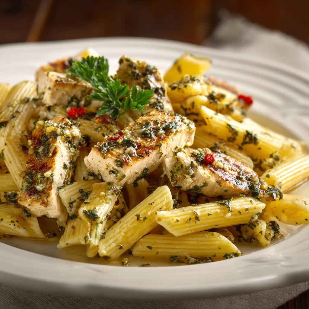 Penne con carne e erbe.