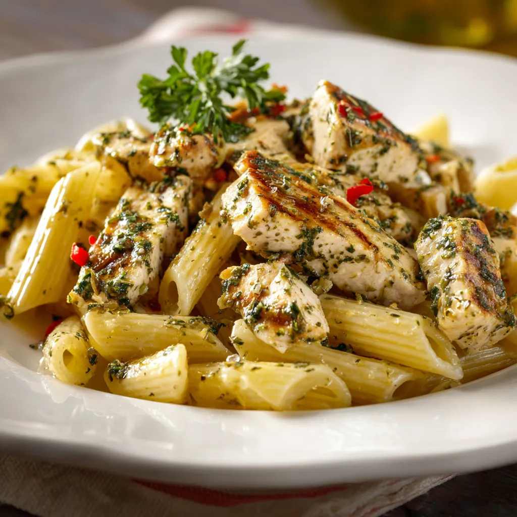A plate of pasta with chicken and herbs.