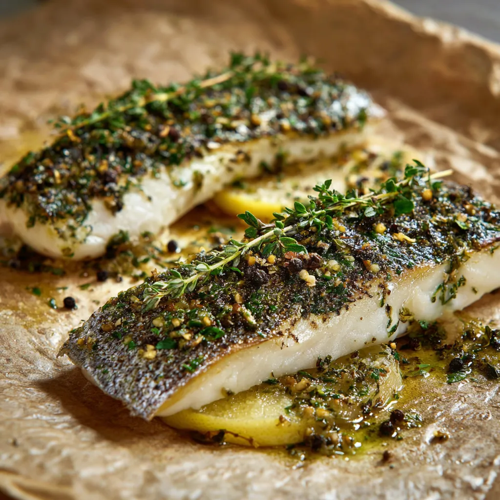 Due filetti di pesce con erbe e spezie.