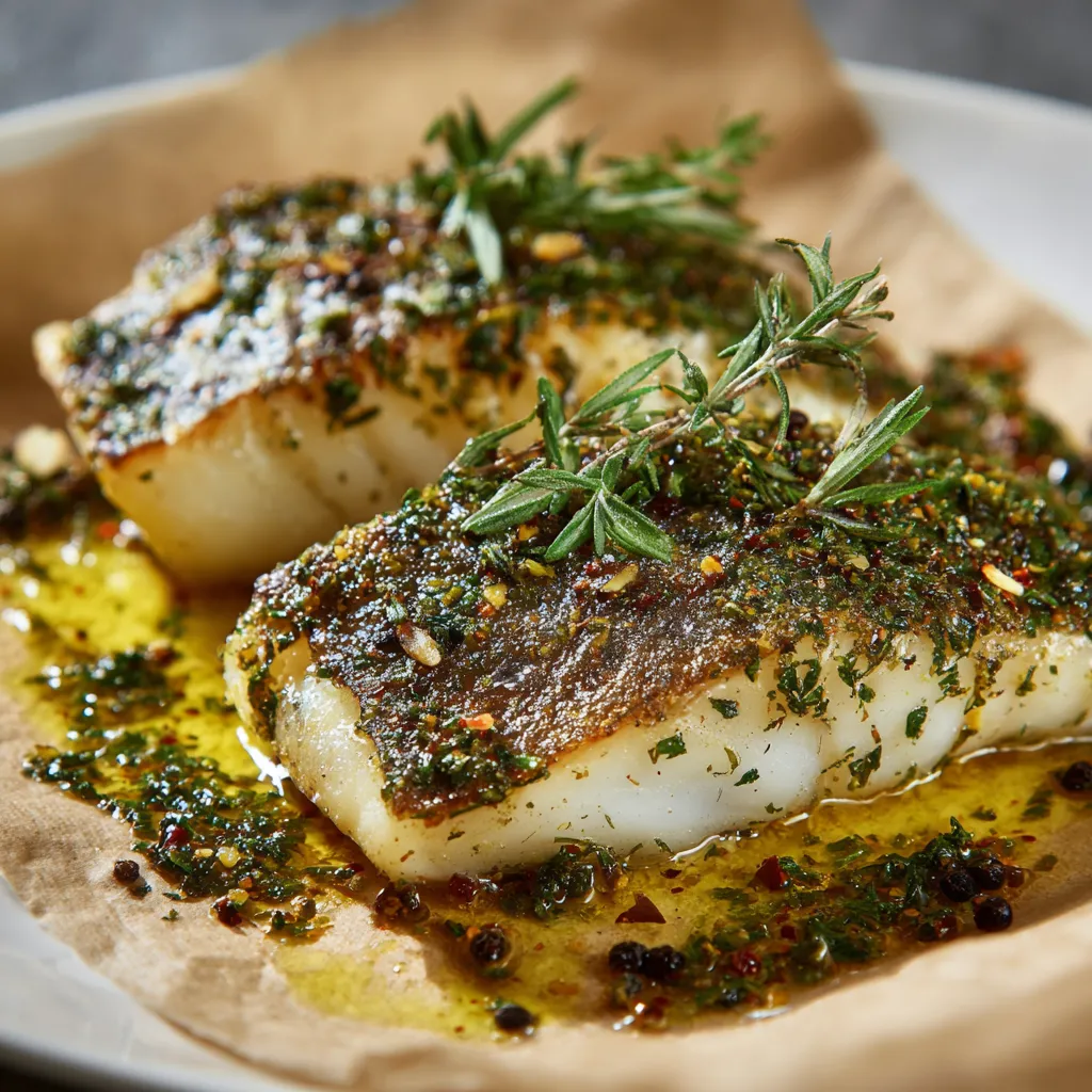 Due filetti di pesce con erbe e peperoncini.