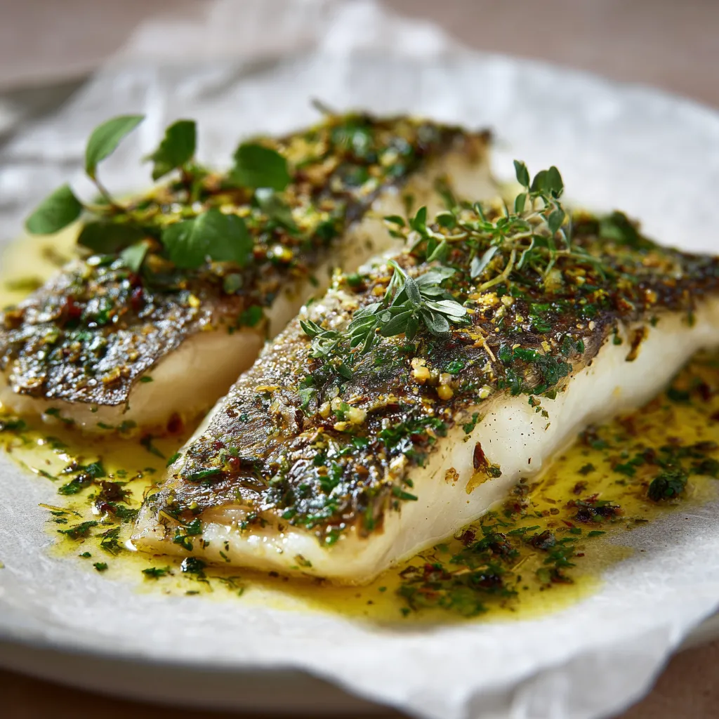 Due filetti di pesce con erbe e condimenti.