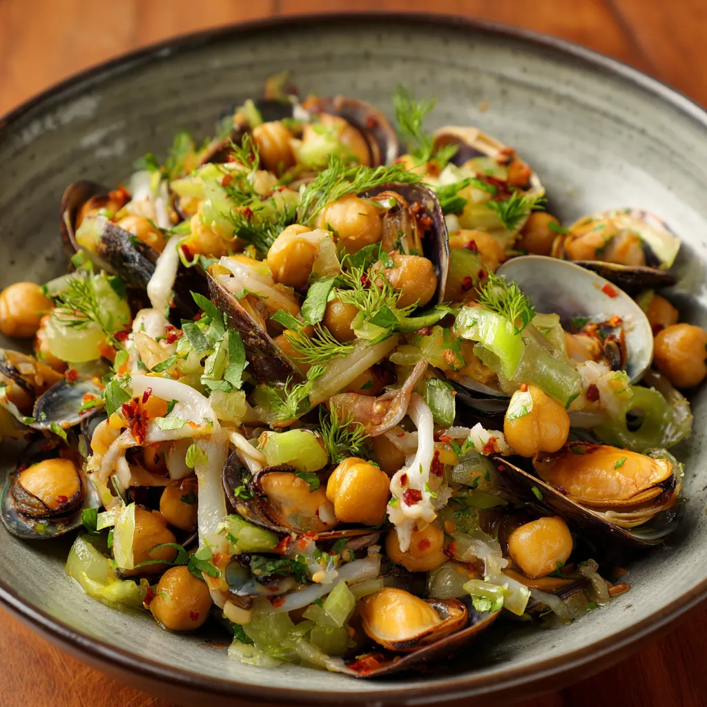 Piatti di frullato di verdure e molluschi.