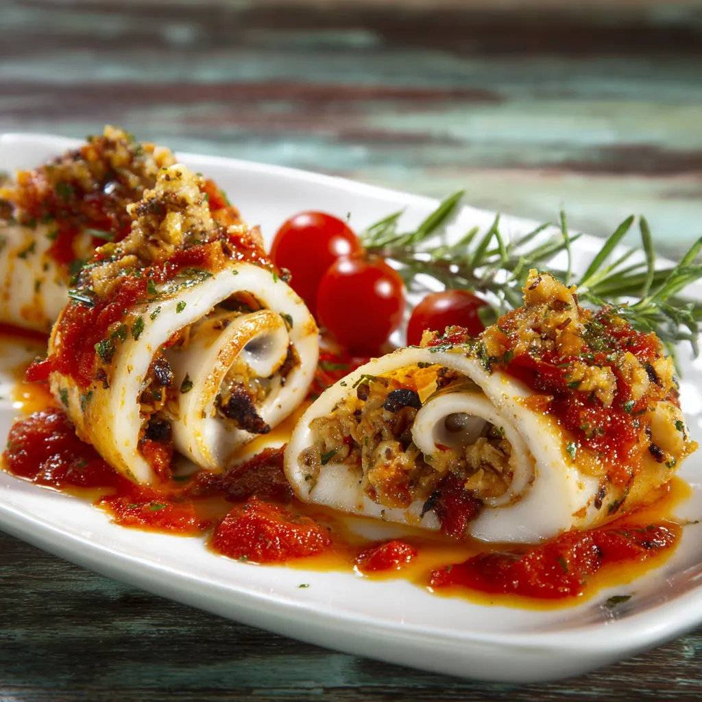 Piatti di pesce con salsa di pomodoro e basilico.