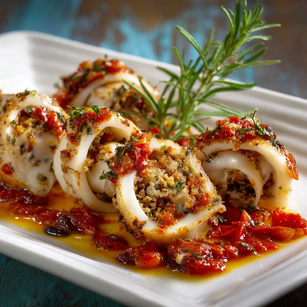 Piatti di polpo con salsa di pomodoro e basilico.