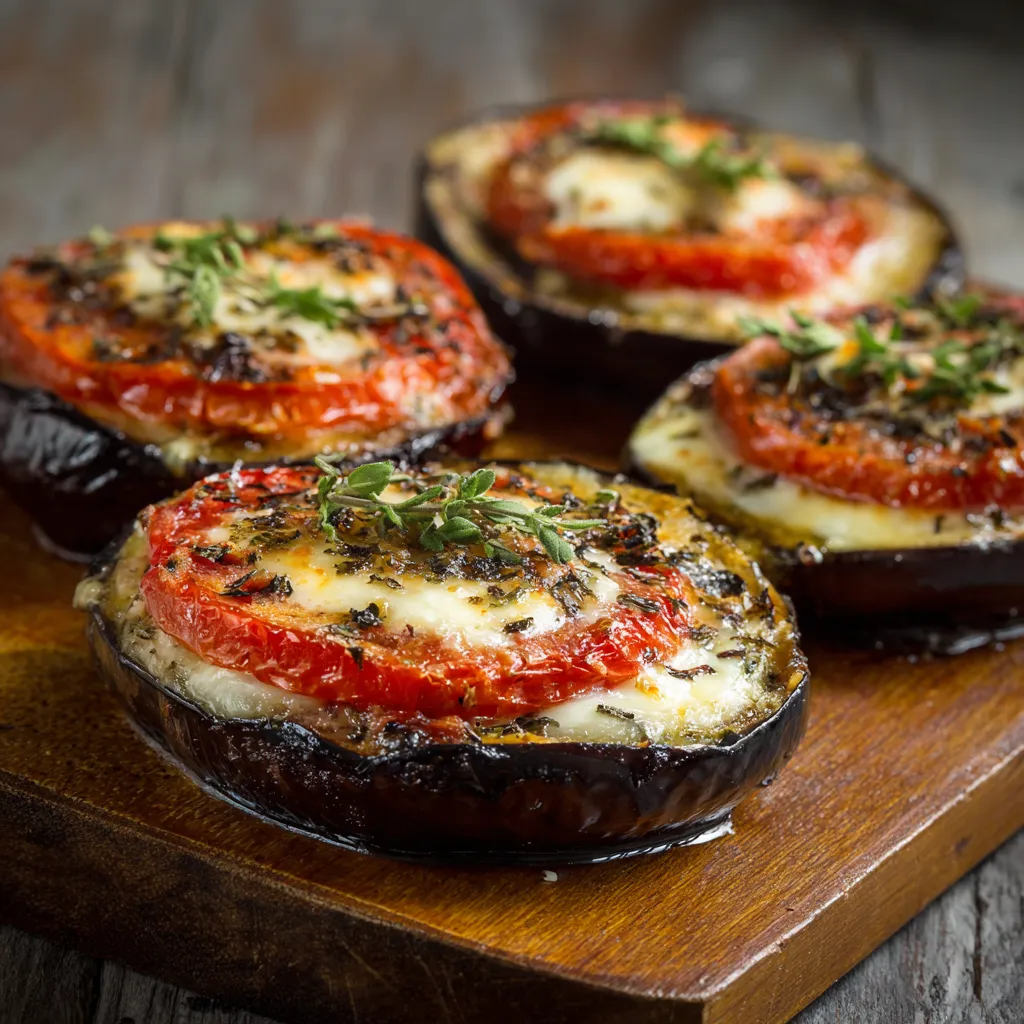 Quattro porzioni di melone con formaggio e basilico.