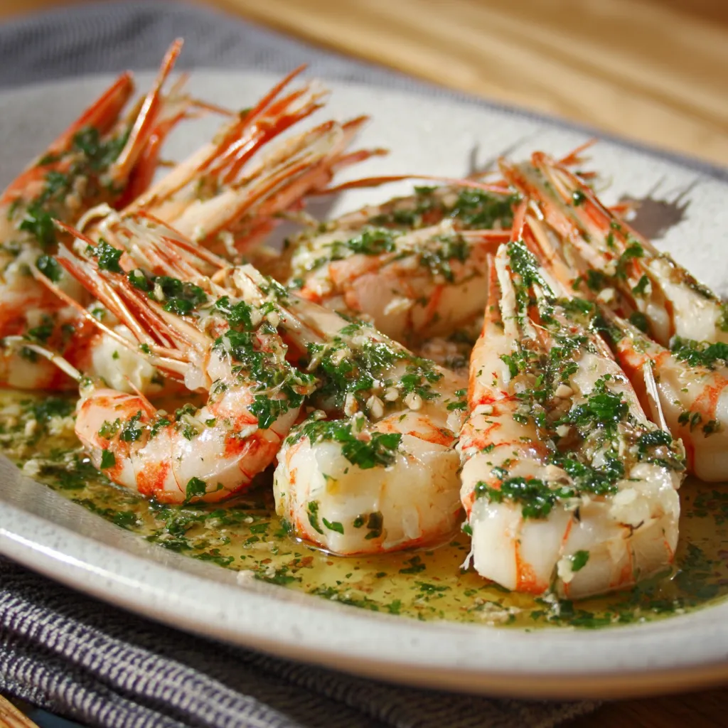 Shrimp con erbe e sauce.