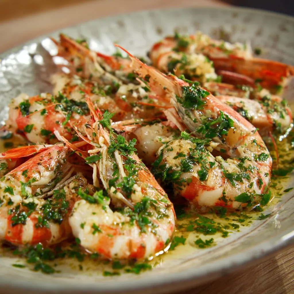 Una pietra con shrimp e erbe.