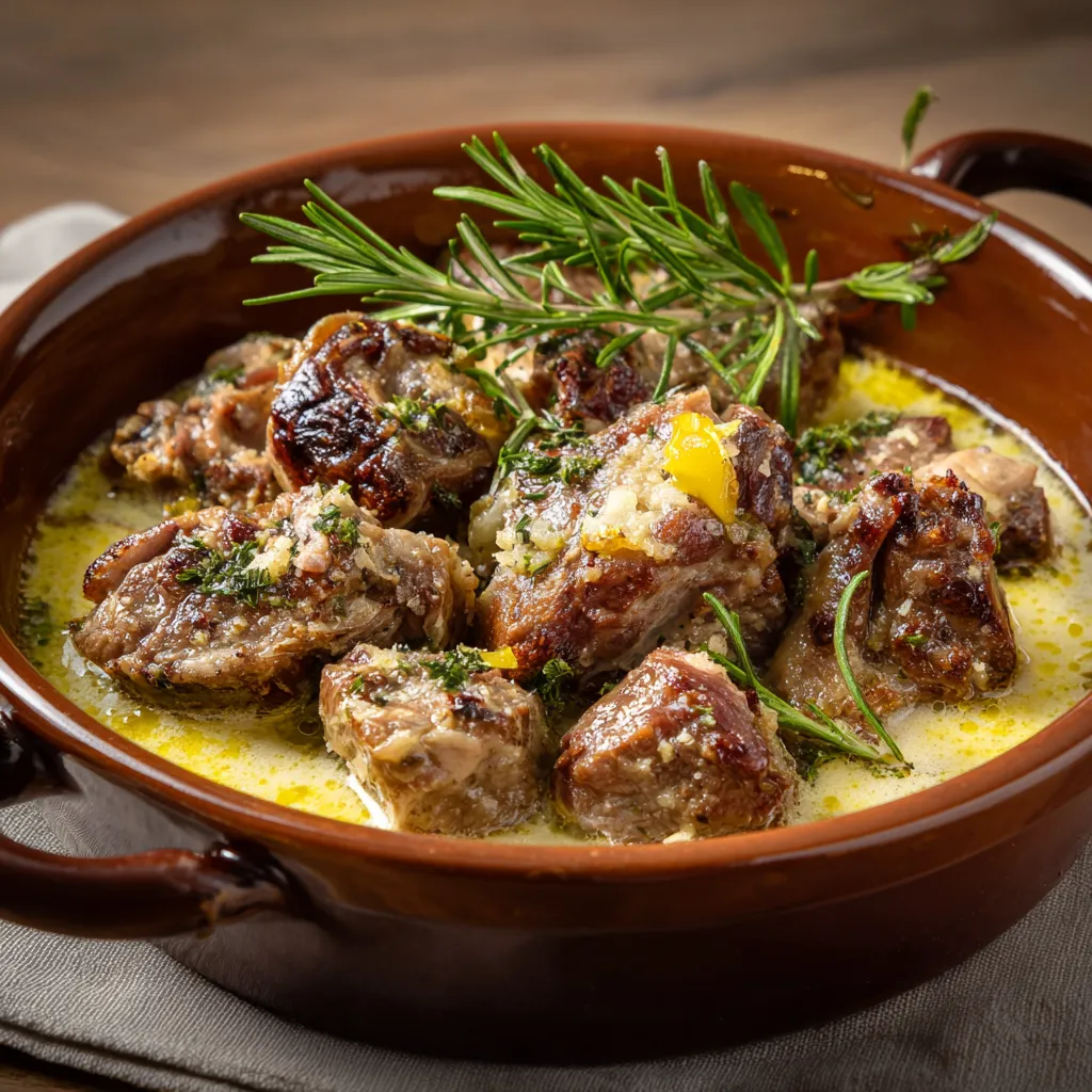 Una ciotola con carne e erbe.
