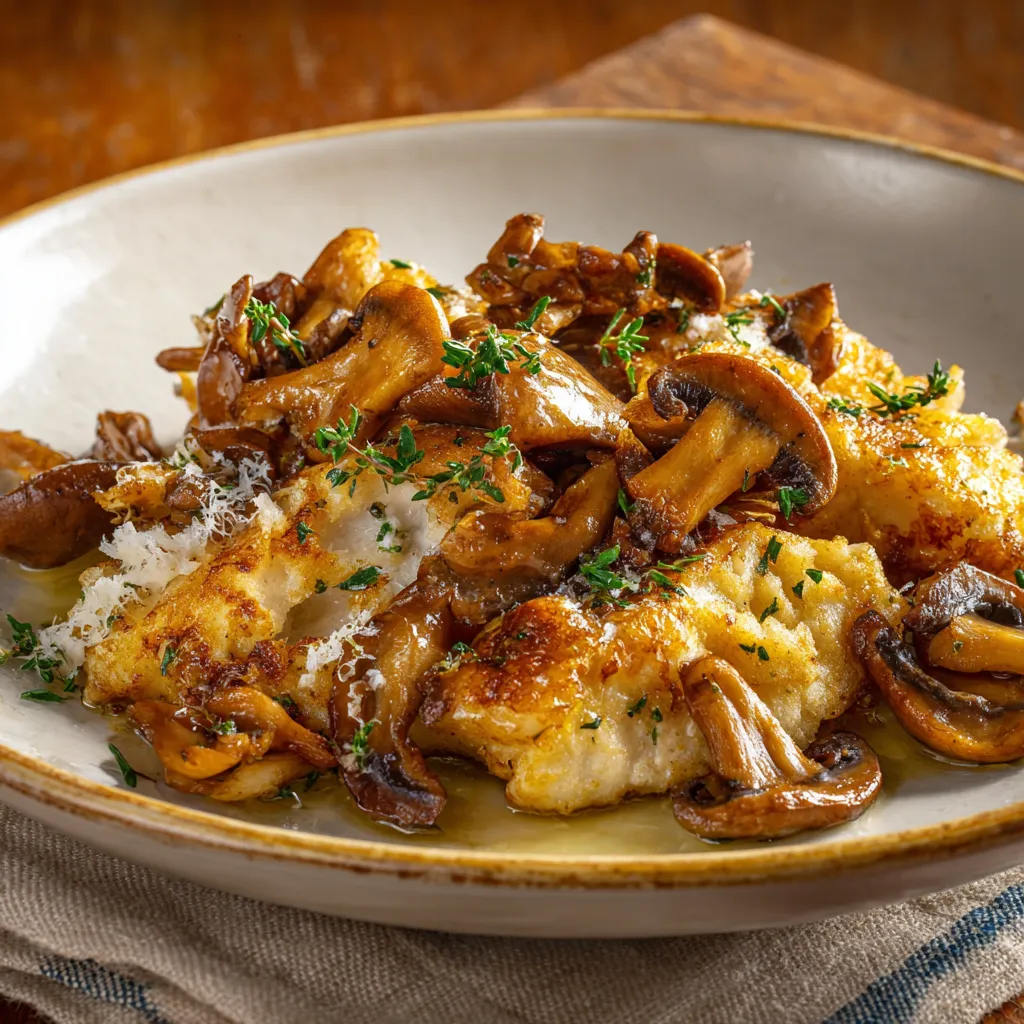 Piatti di funghi e pesce in una tavolata.