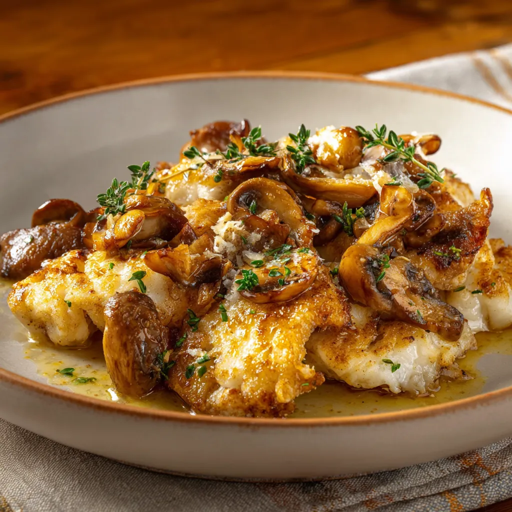 Piatti di pesce con mushroom e erbe.