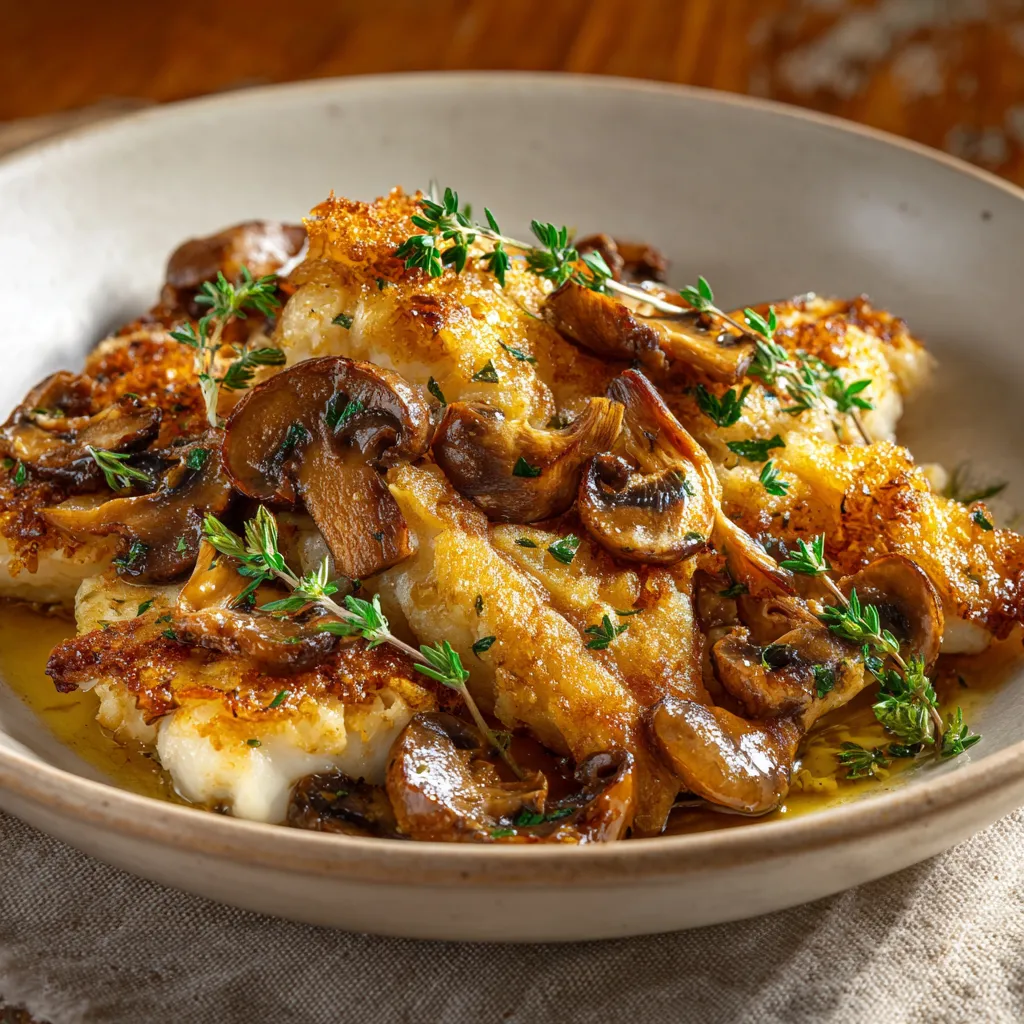 Piatti di pesce con mushroom e erbe.