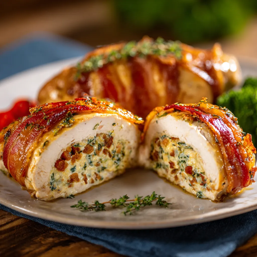 Piatti di pollo con bacon e verdure.