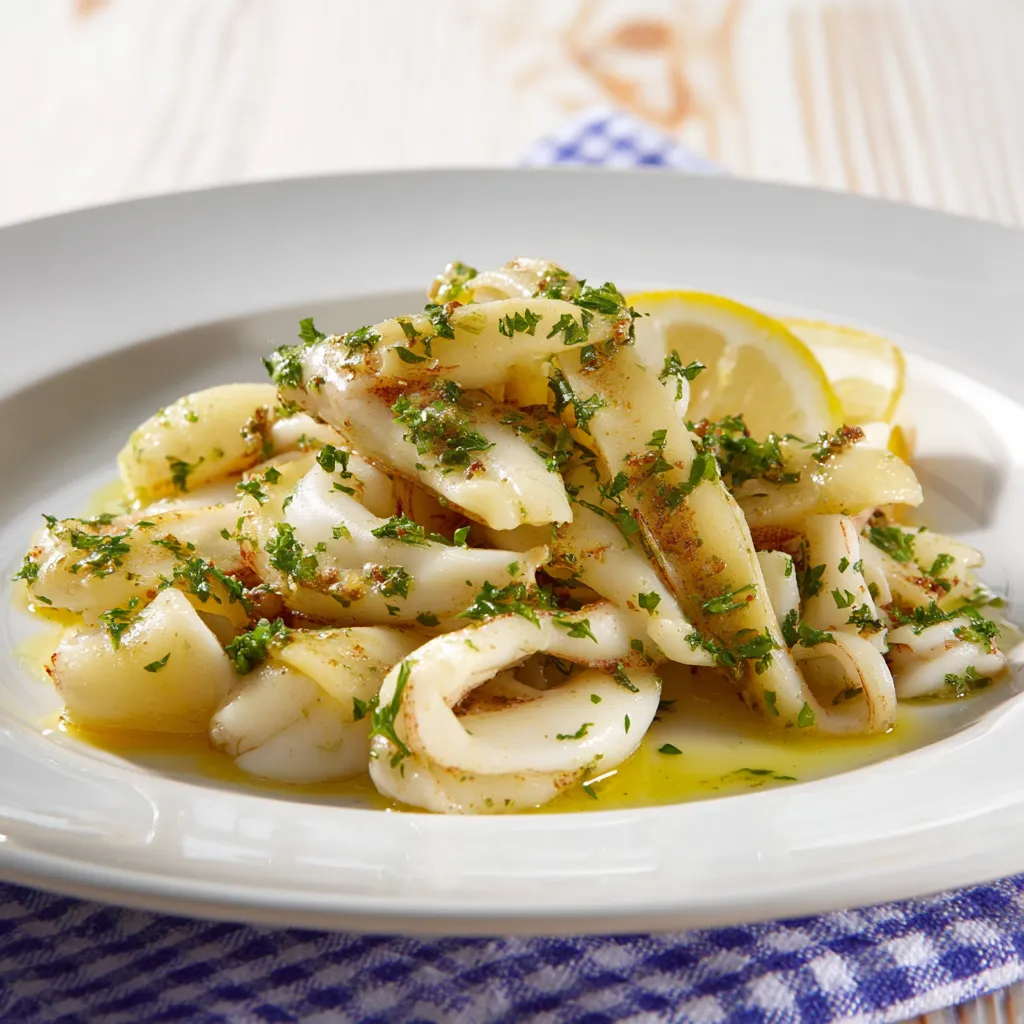 Una pietanza di calamari con erbe e limone.