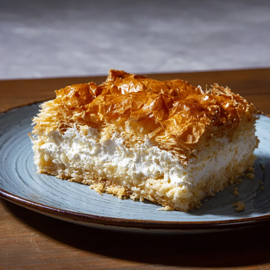 Una fetta di dolce con crostata e crema.