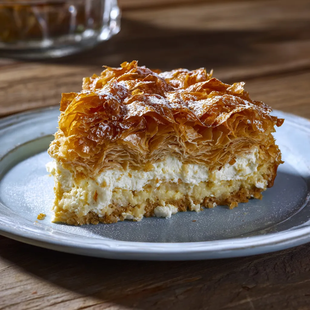 Una fetta di torta con crostata e crema.