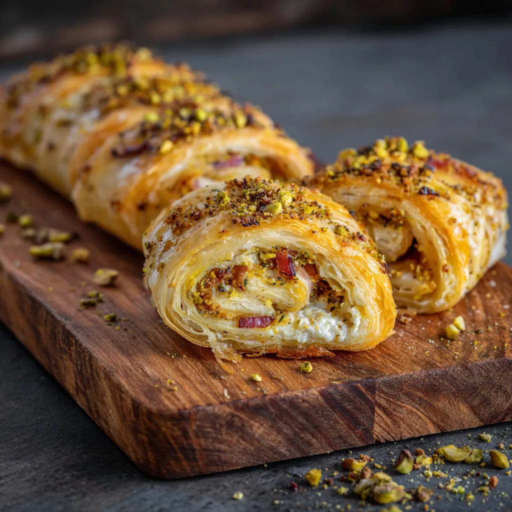 Un piatto con tre cilindri di pasta con speck e nocciole.