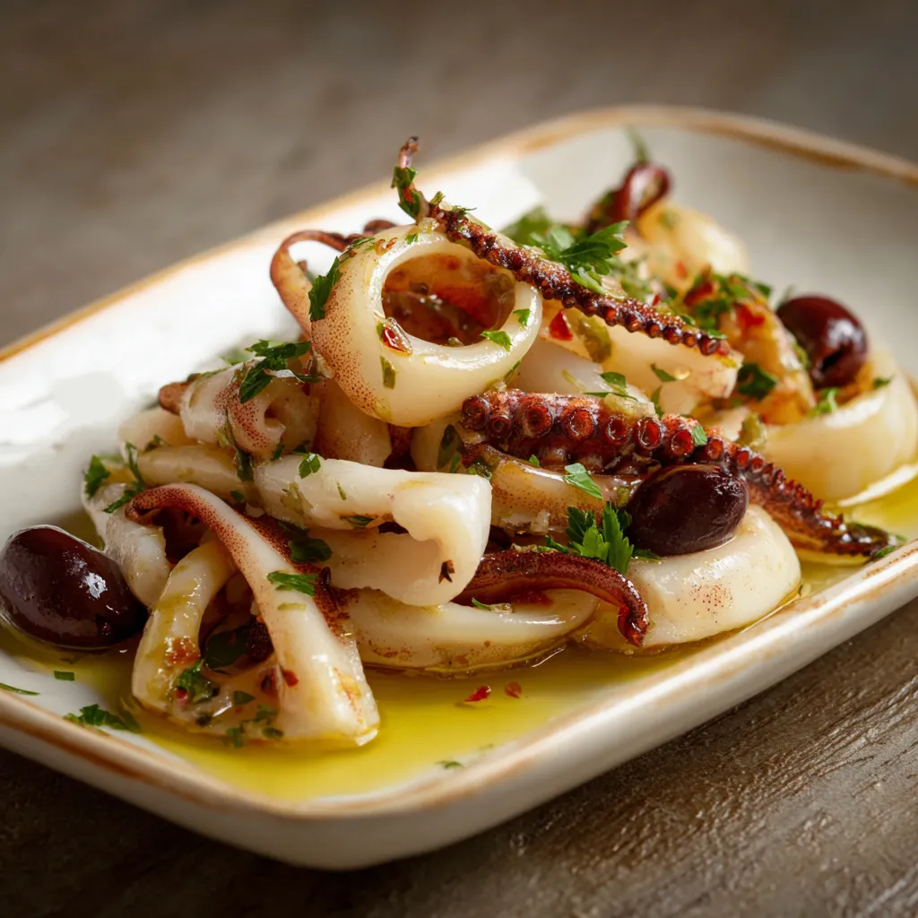 Piatti di polpo con erbe e olive.