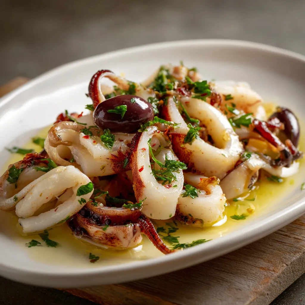 Piatti di calamari con olive e erbe.