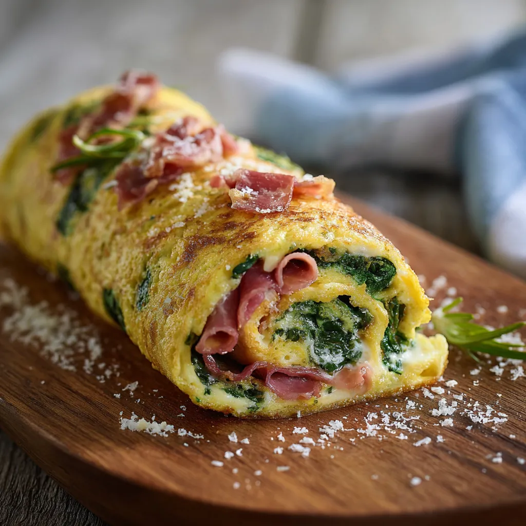 Un'insalata in forma di spirale con ingredienti come prosciutto, spinacce e ricotta.