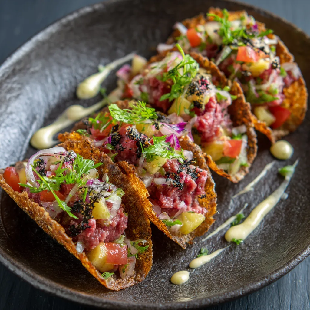 Tostada con carne roja y salsa.