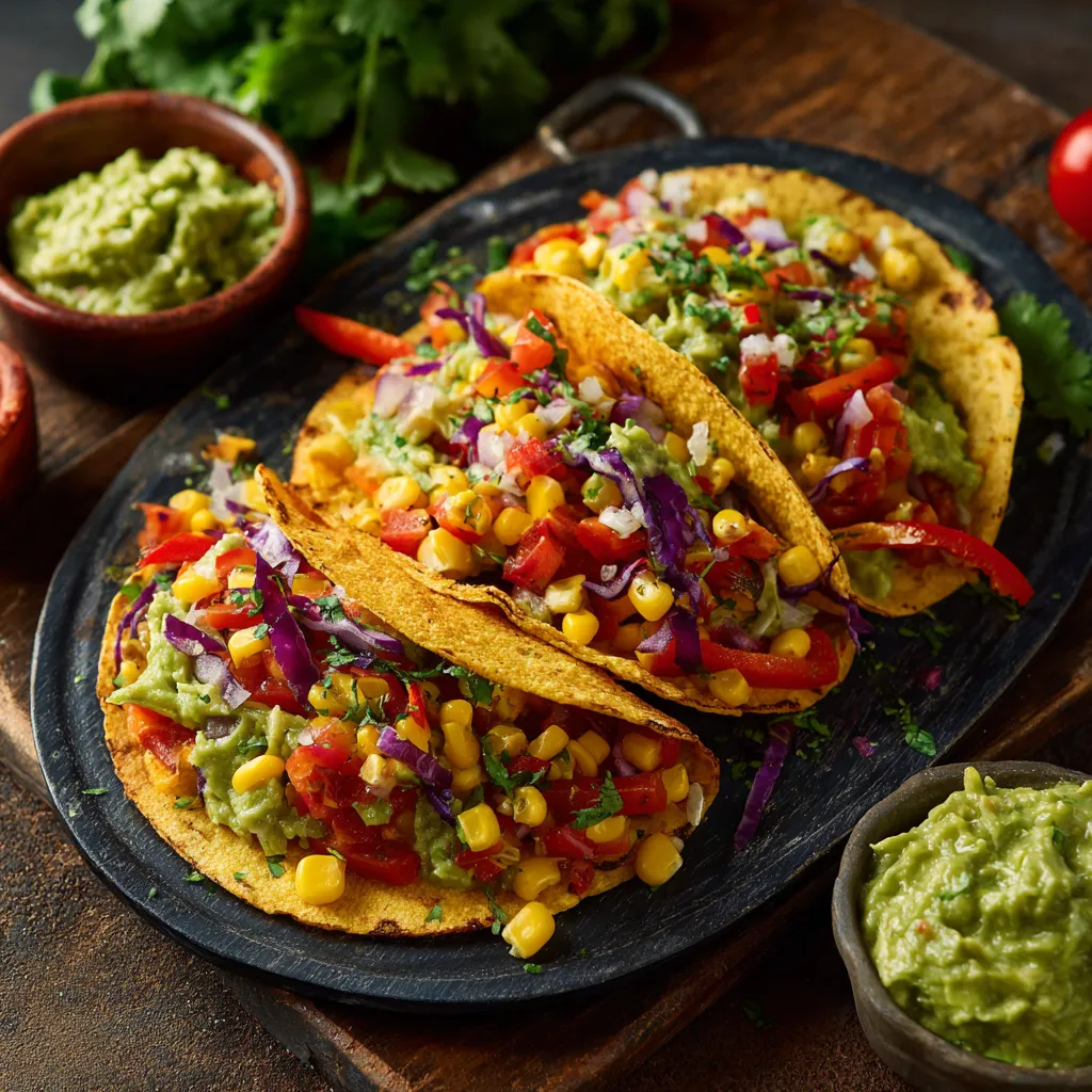 Tacos con salsa e guacamole.