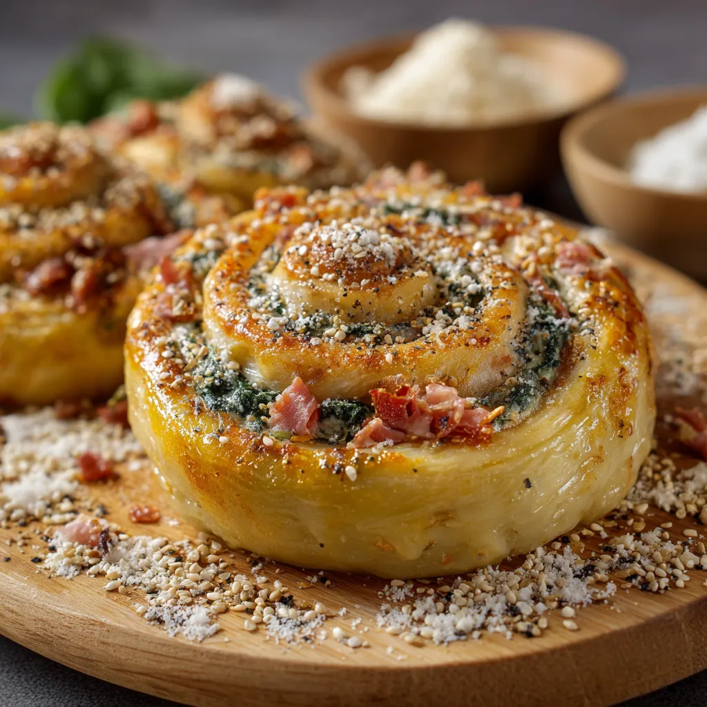 Un piatto di pasta con bacon e spinaci.