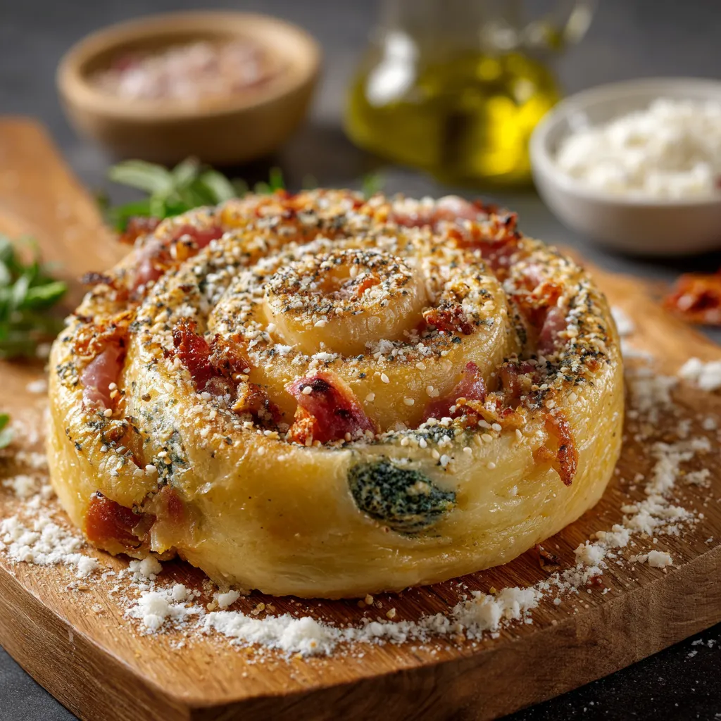Un dolce a forma di spirale con bacon e spinaci.