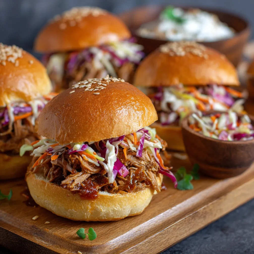 Un piatto con 8 barbecue sandwich con coleslaw.