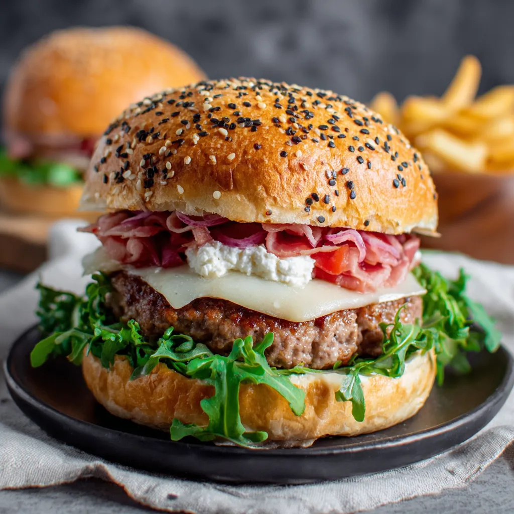 Un'immagine di un hamburger con lattuga e patate fritte.
