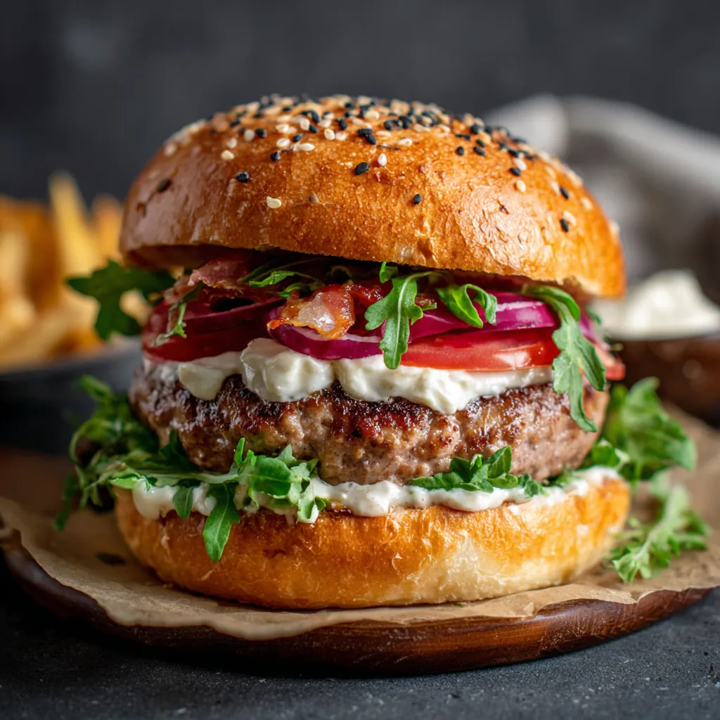 Una foto di un hamburger con lattuga, pomodoro e bacon.