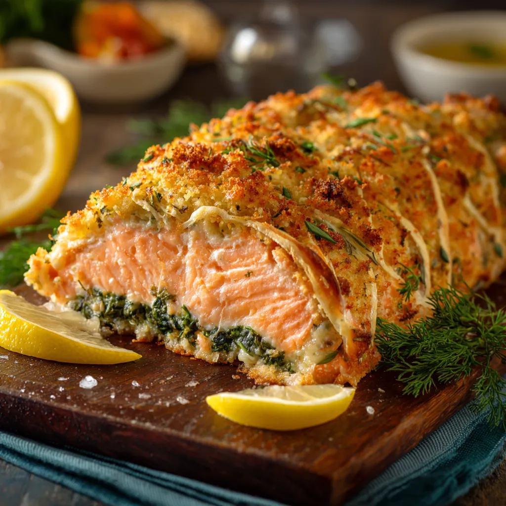 Un pezzo di pesce con verdure e crostini.