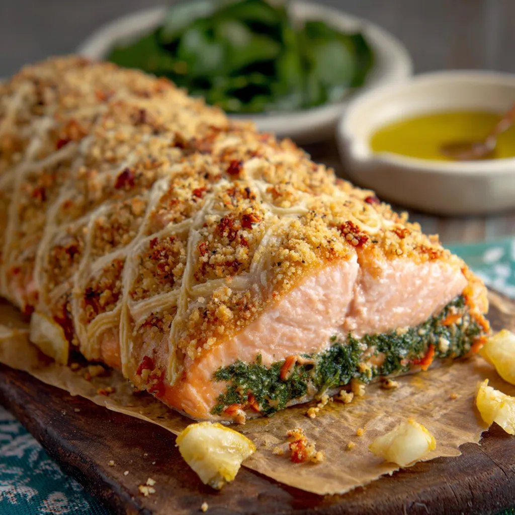 Un pezzo di salmone con crostini di patate e foglie di spinaci.