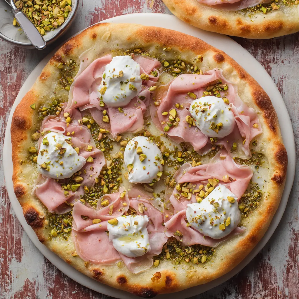 Pizza con prosciutto, mozzarella e noci.