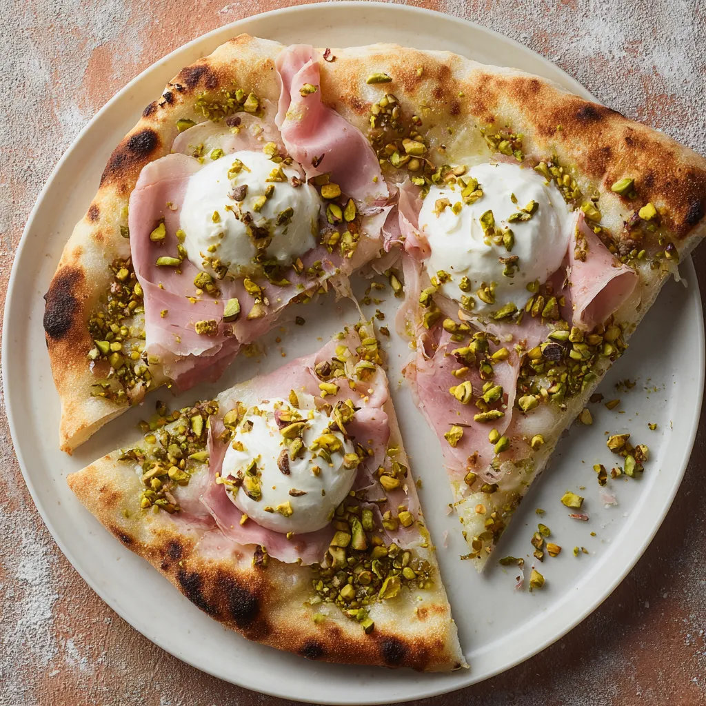 Una pizza con prosciutto e mozzarella.