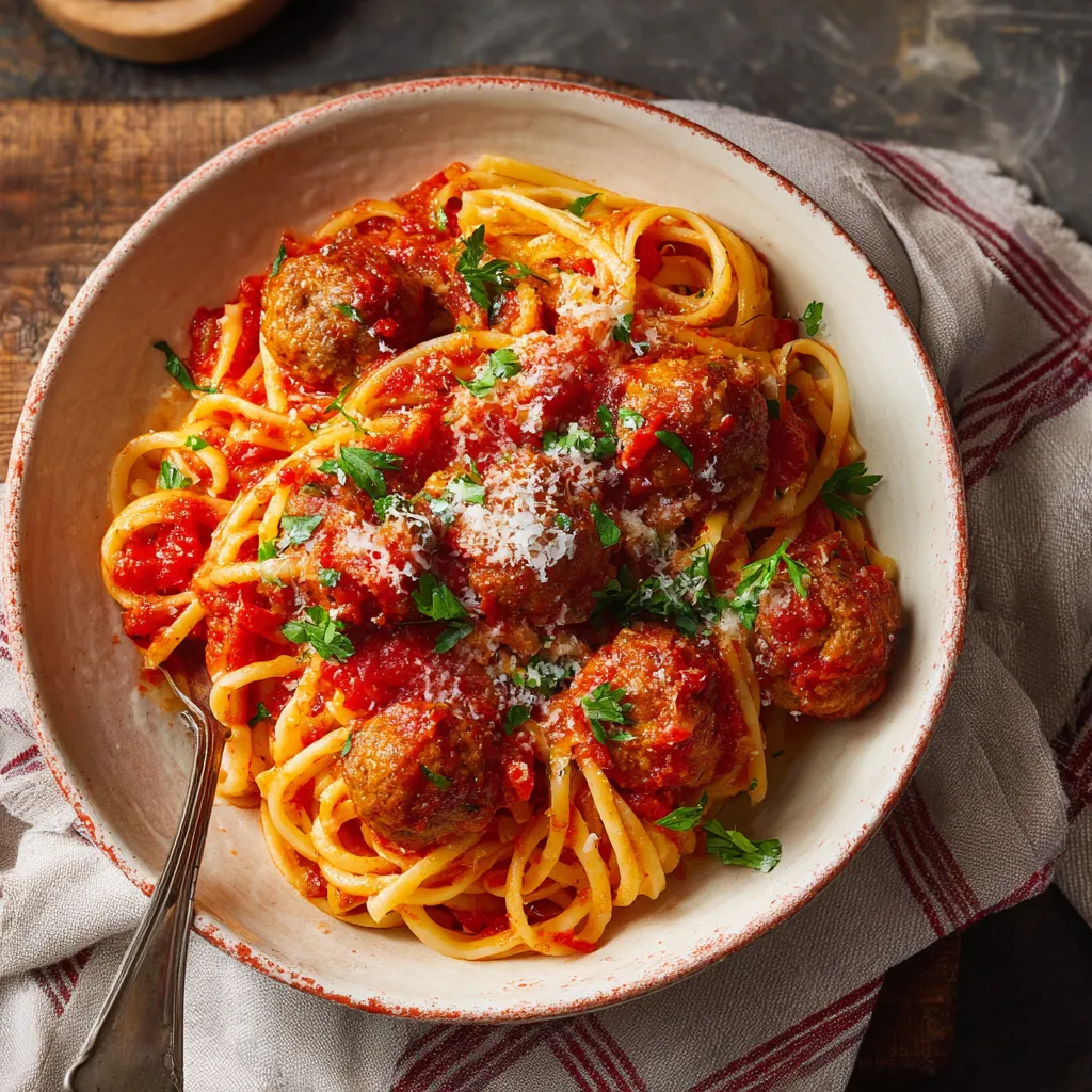 Una ciotola di spaghetti con polpette e pomodoro.
