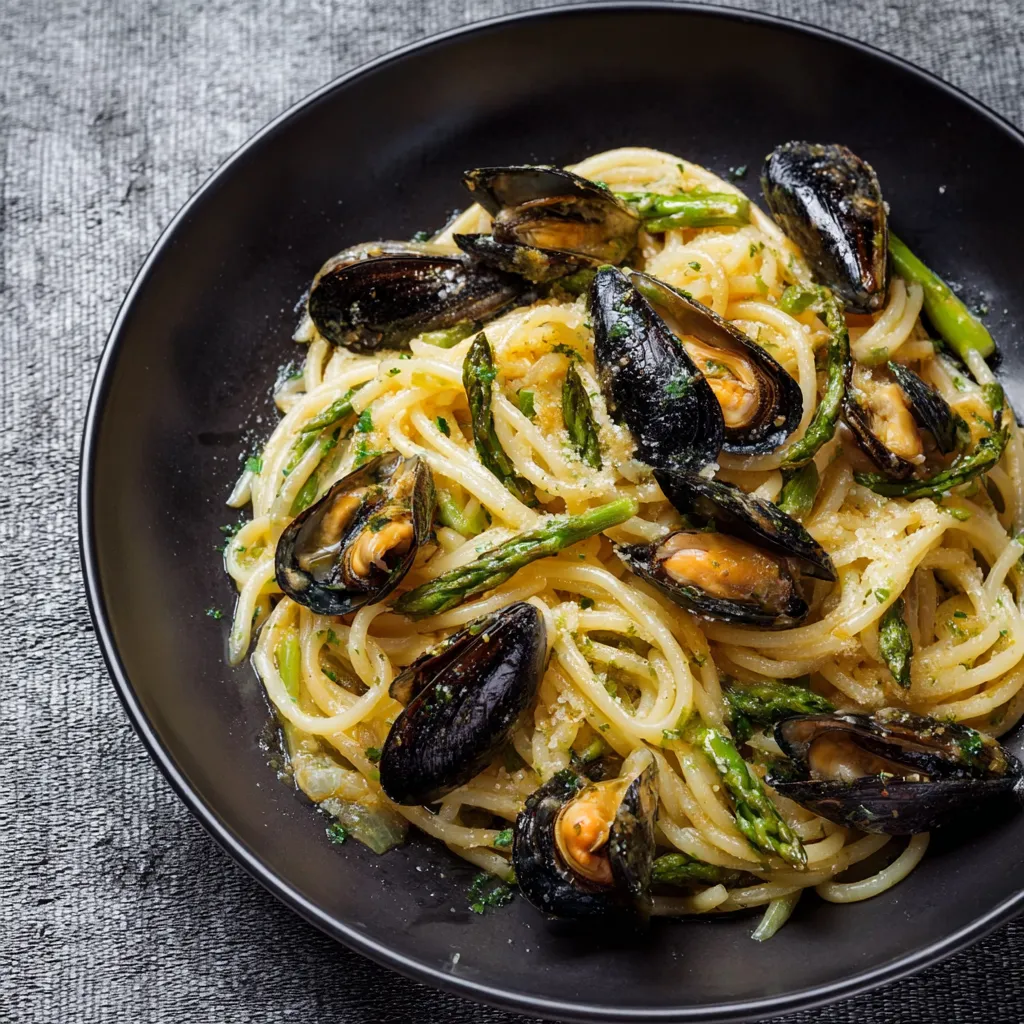 Piatti di spaghetti con gamberi e asparagi.