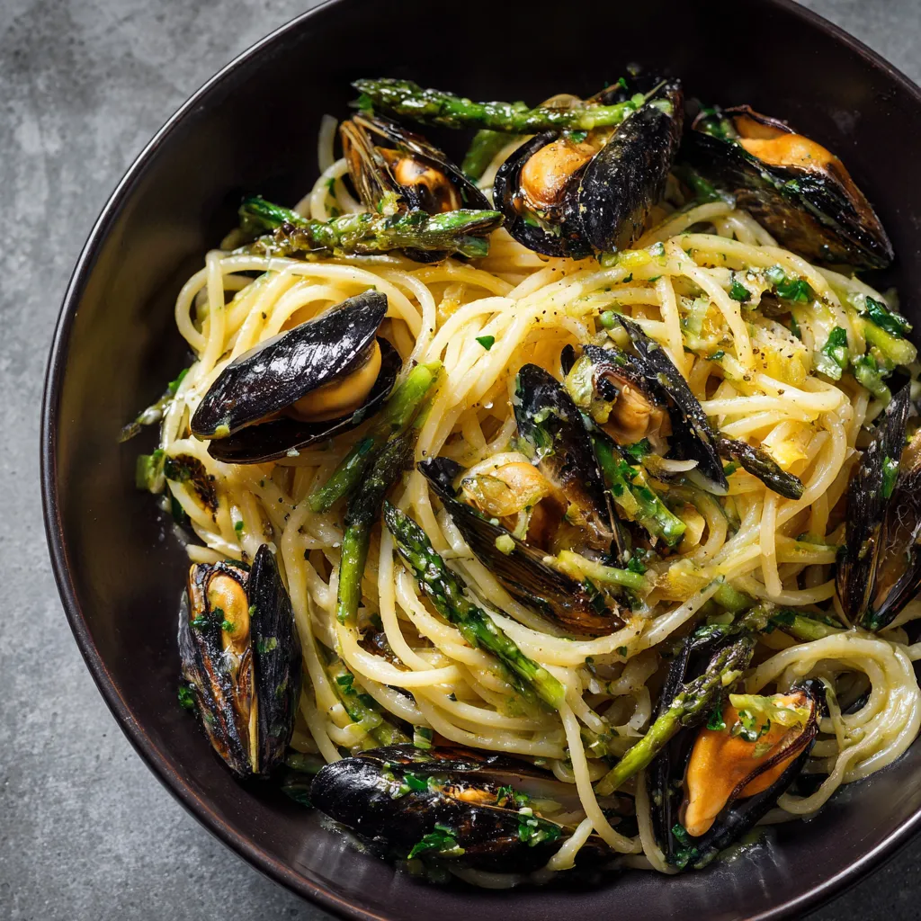 Penne con gamberi e asparagi.
