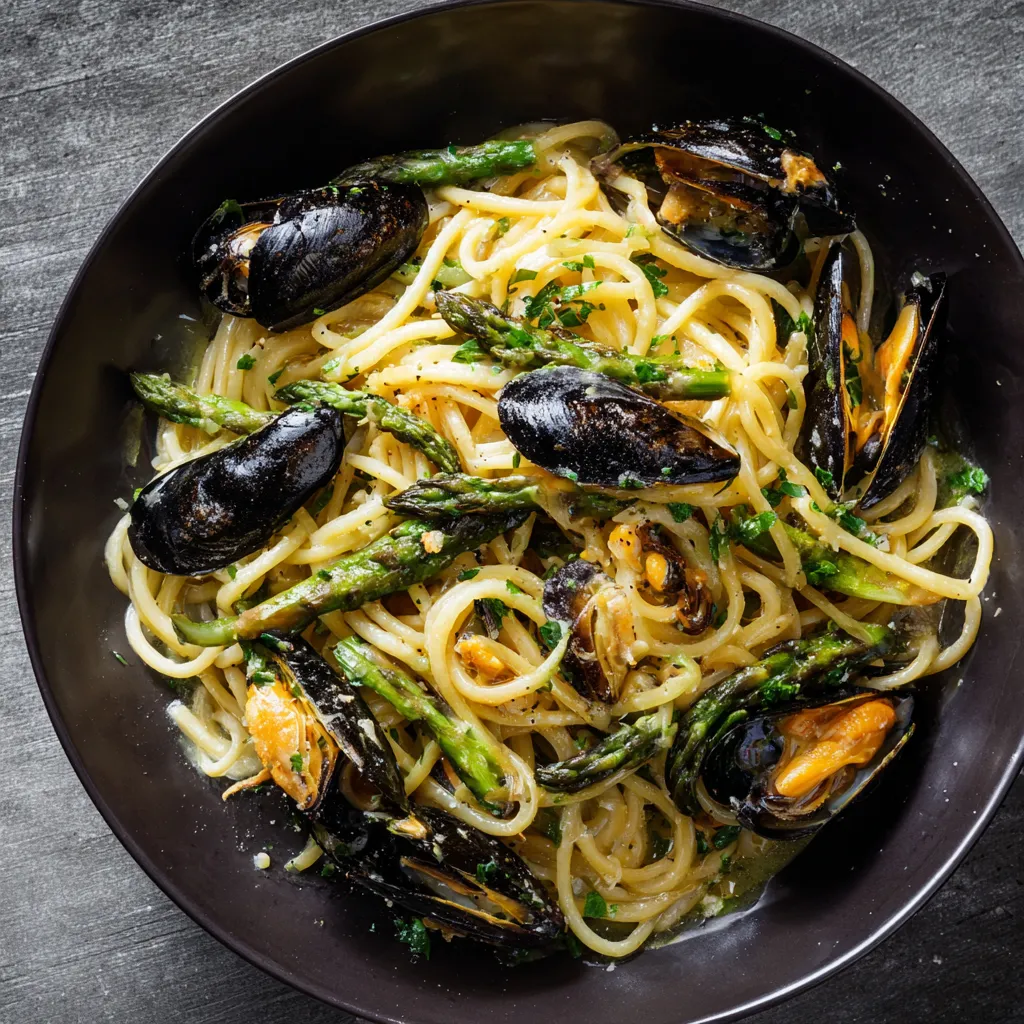 Una ciotola di pasta con asparagi e gamberi.