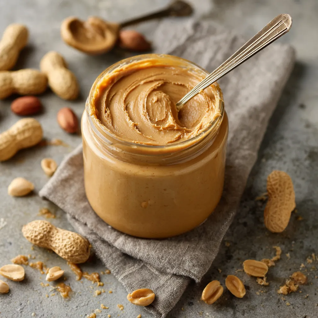 Un contenitore di crema di noci con un cucchiaino dentro.