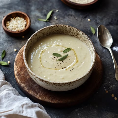 Una ciotola di zuppa con una foglia di basilico.