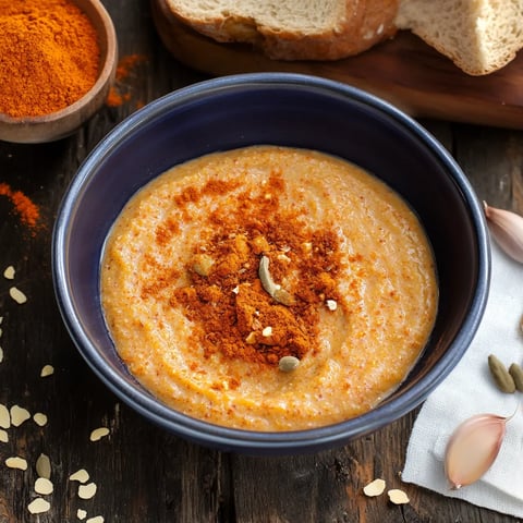 Una ciotola di crema di pomodoro con semi di coriandolo.