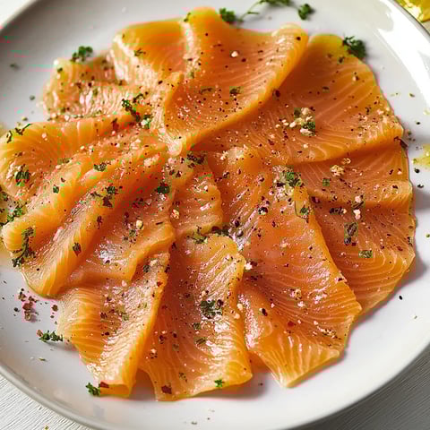 Una fettina di salmone con peperoncino e erbe.