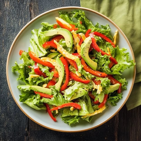 Una tazza di salata con peperoni, lattuga e avocado.