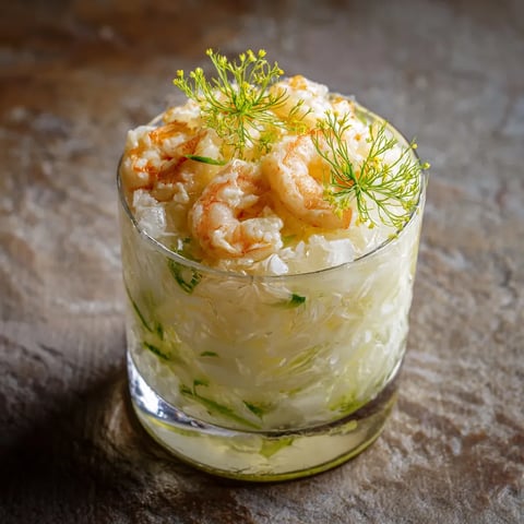 Una tazza di riso con frullati e crostini di gamberi.
